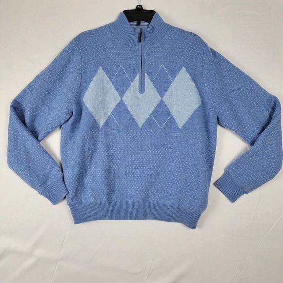Fairway & Greene 1/4 Zip Blue Argyle Italian Merino Wool Pullover Sweater Sz M - Picture 1 of 8